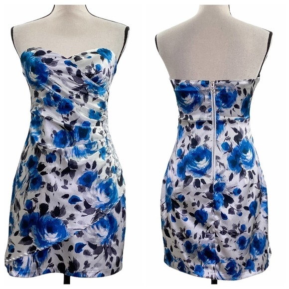 LOVE Tease White Blue Floral Mini Strapless Dress - Picture 1 of 14